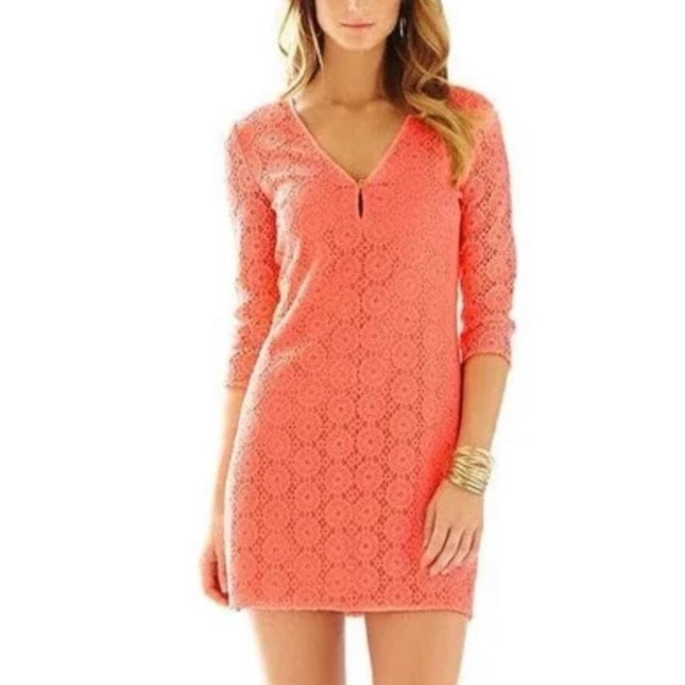 Lilly Pulitzer Lamora V-Neck Shift Dress Pink Breakers Lace S Small 3/4 Sleeve